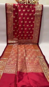 Semi Katan Saree, Red, Festive, Traditional Indian Ethnic Wear - Saree - Aakritee - S10614